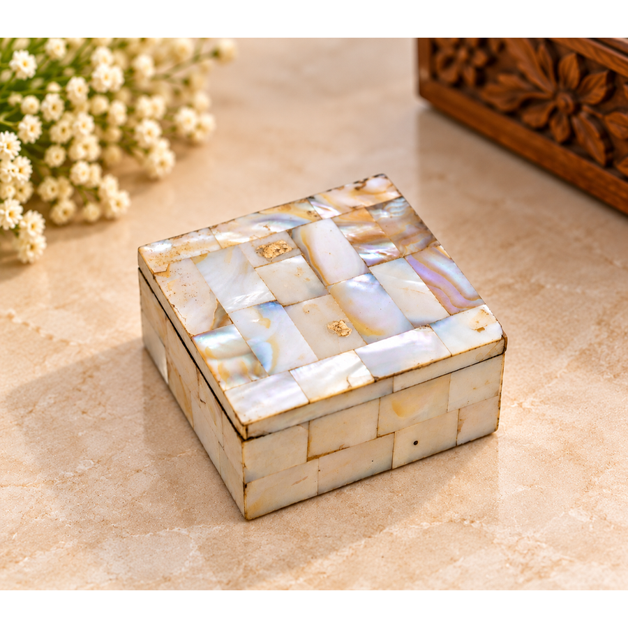 Handcrafted wooden trinket box with Mother of Pearl overlay, front view