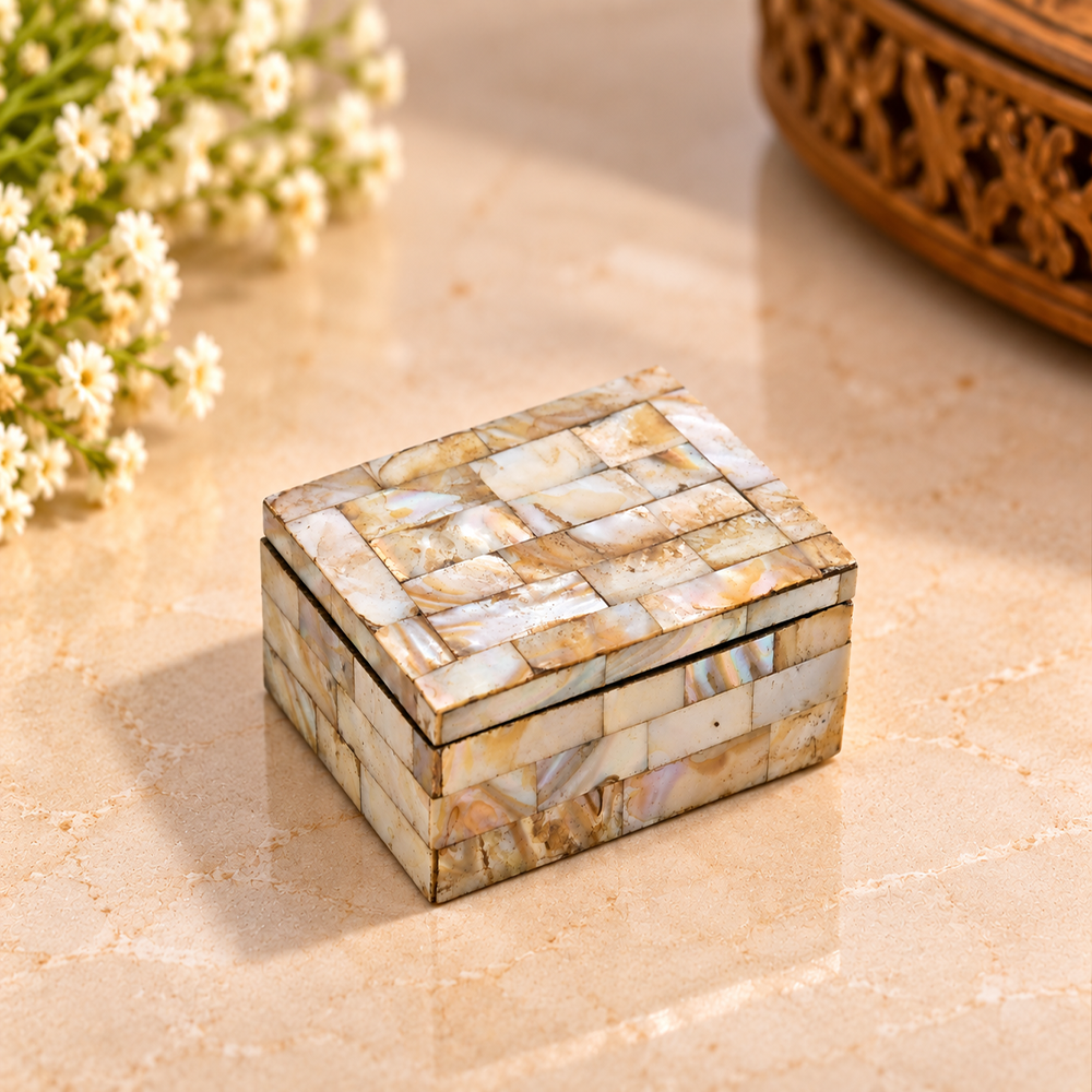 Wooden trinket box with Mother of Pearl overlay and ivory mosaic design, front view