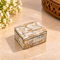 Wooden trinket box with Mother of Pearl overlay and ivory mosaic design, front view