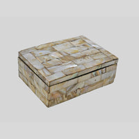Mother of Pearl overlay wooden keepsake box, angled view