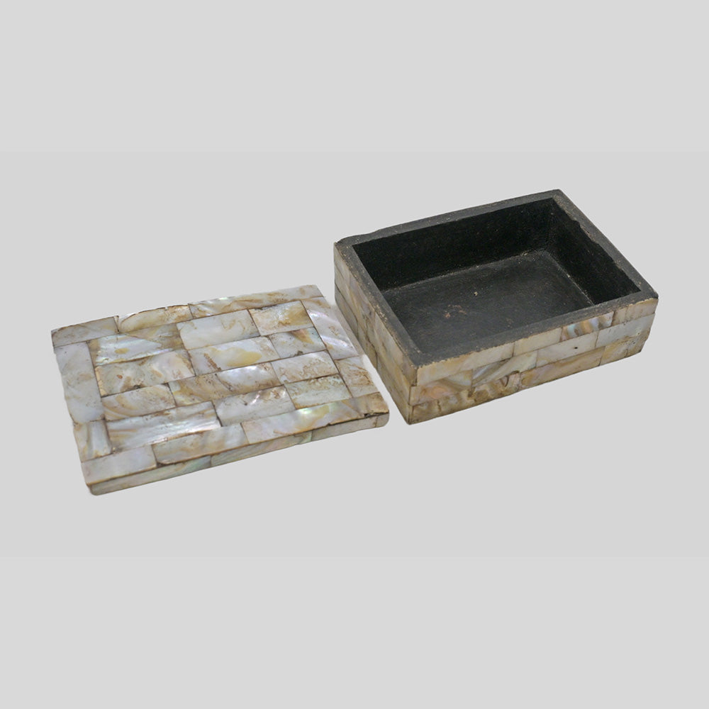 Vintage wooden keepsake box with pearl overlay, detail view