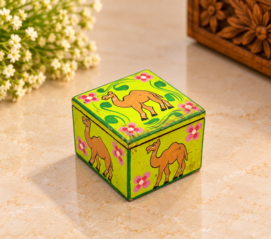 Hand-painted vintage wooden trinket box, front view