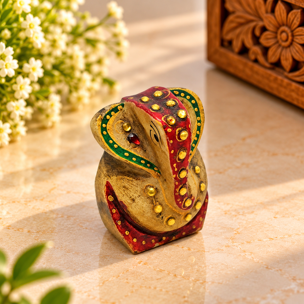 Hand-Painted White Stone Lord Ganesha Statue with decorative mirror work, front view