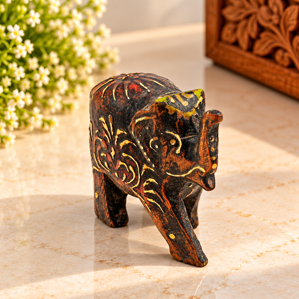 Hand-Painted Wooden Elephant Figurine with hand-painted folk-art patterns, front view