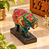 Multicolour Wooden Elephant Folk Art Figurine with hand-painted folk-art patterns, front view