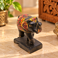 Vintage Multicolour Hand-Painted Wooden Elephant with hand-painted folk-art patterns, front view
