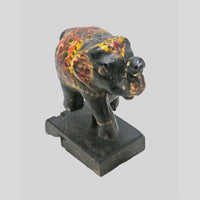 Vintage Multicolour Hand-Painted Wooden Elephant with hand-painted folk-art patterns, angled view