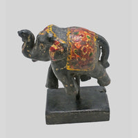 Vintage Multicolour Hand-Painted Wooden Elephant with hand-painted folk-art patterns, side view
