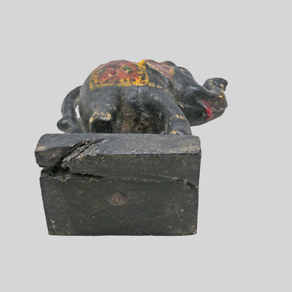 Vintage Multicolour Hand-Painted Wooden Elephant with hand-painted folk-art patterns, rear view