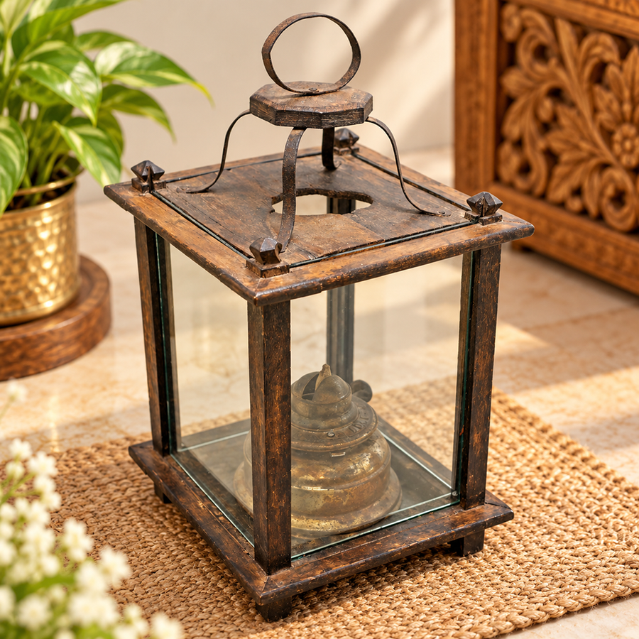 Antique Wooden Cage Oil Lantern with Glass Guard