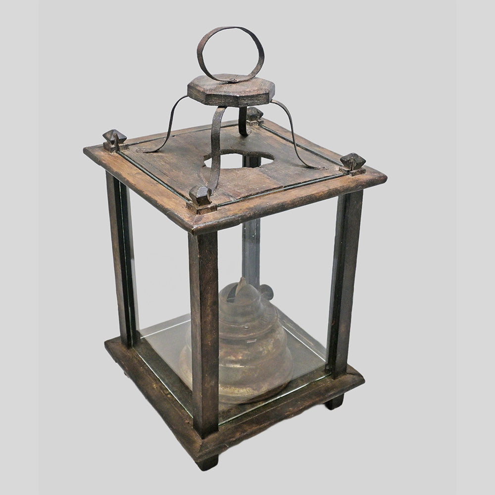 Antique Wooden Cage Oil Lantern with Glass Guard - view 2