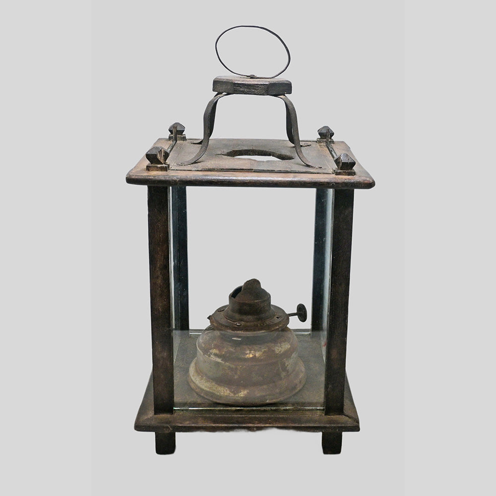 Antique Wooden Cage Oil Lantern with Glass Guard - view 3