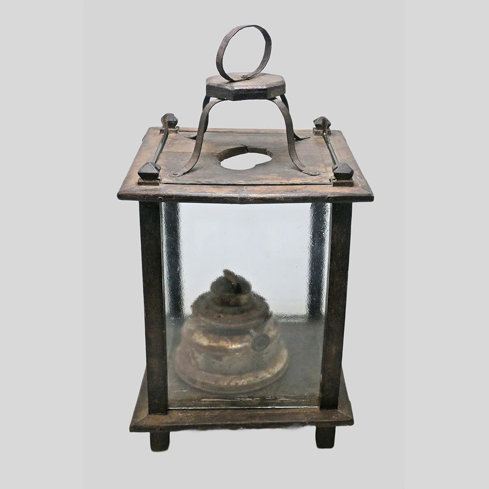 Antique Wooden Cage Oil Lantern with Glass Guard - view 4
