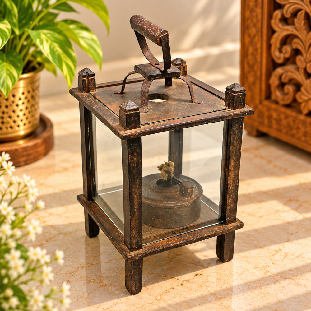 Antique Wooden Cage Oil Lamp with Glass Cover