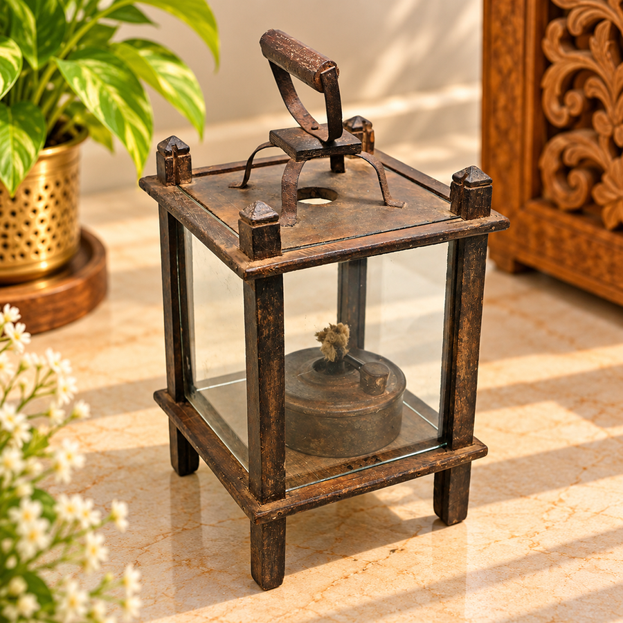 Antique Wooden Cage Oil Lamp with Glass Cover