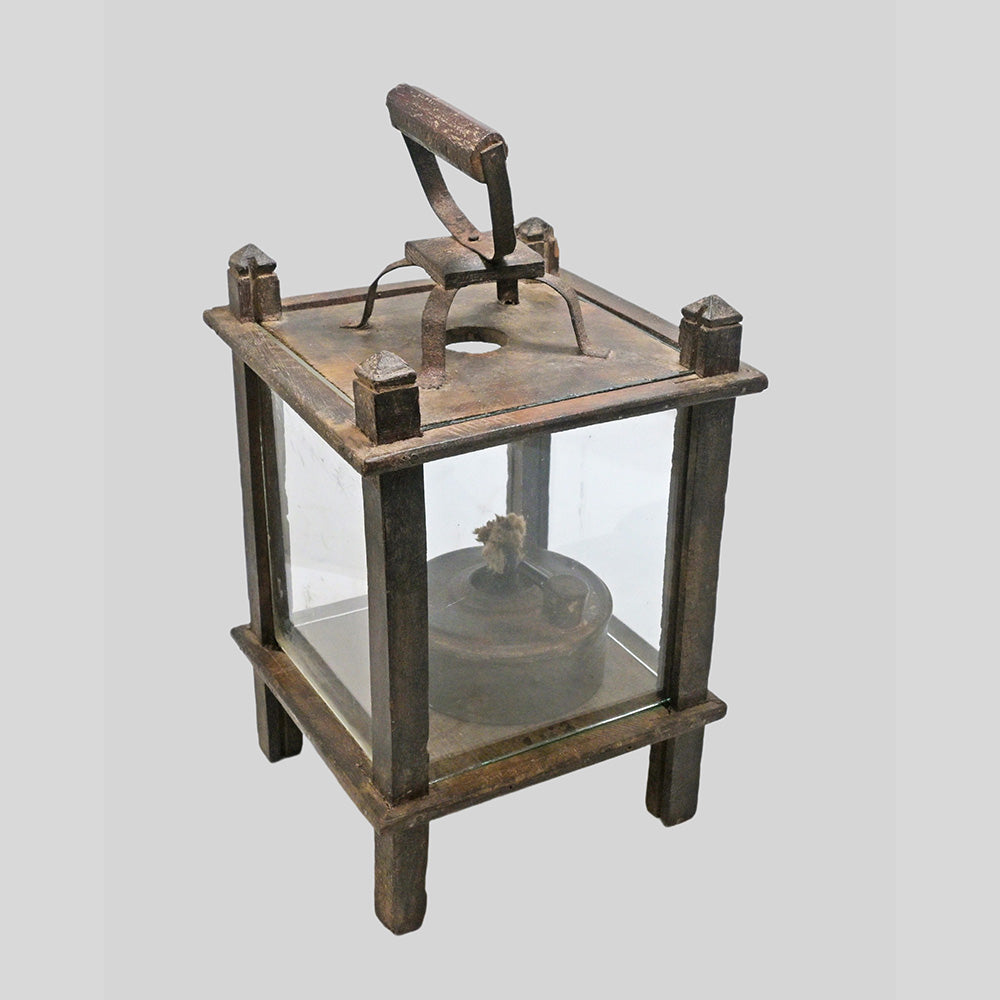 Antique Wooden Cage Oil Lamp with Glass Cover - view 2