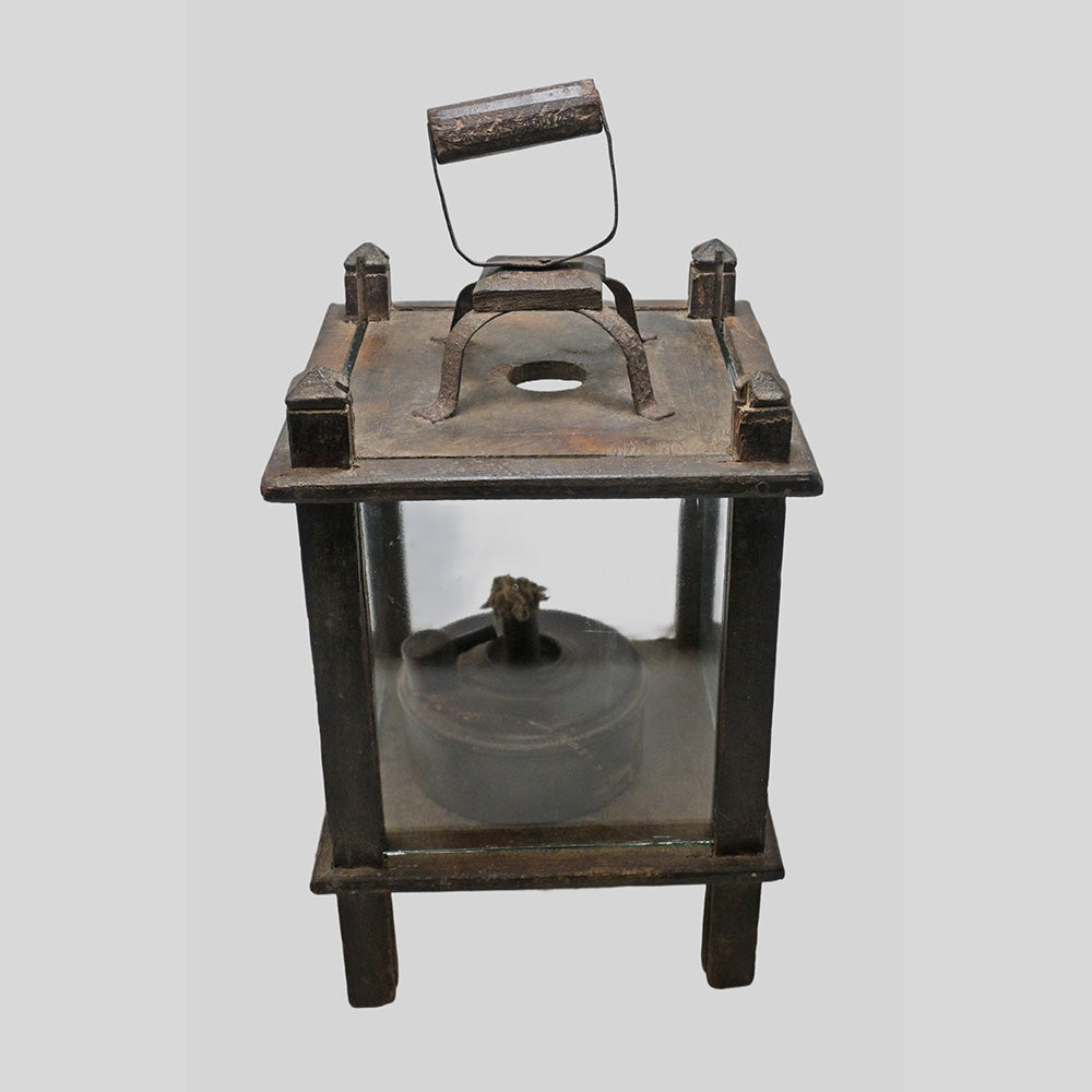 Antique Wooden Cage Oil Lamp with Glass Cover - view 4
