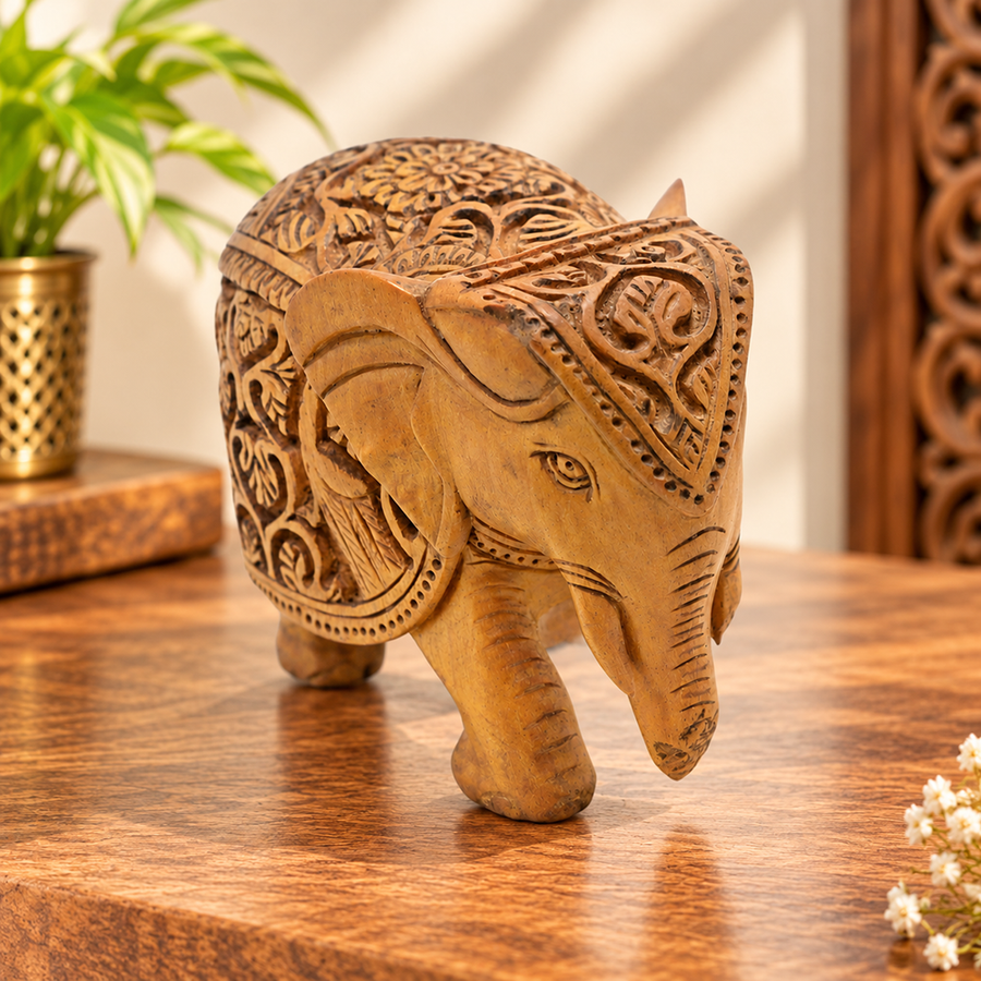 Hand-Carved Kadam Wood Elephant Figurine, product view 1