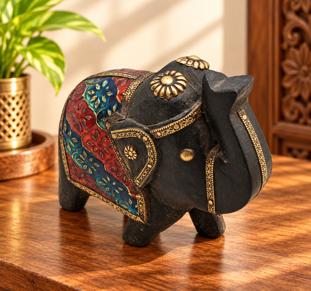 Handcrafted wooden elephant with floral hand painting and brass details