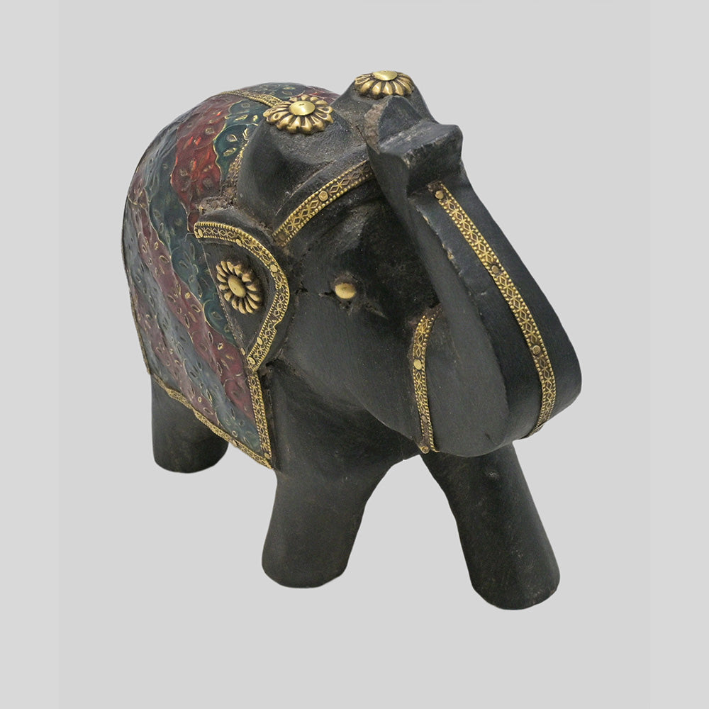Handcrafted wooden elephant with floral hand painting and brass details - view 2