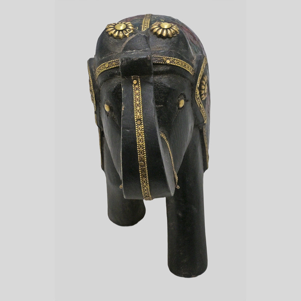 Handcrafted wooden elephant with floral hand painting and brass details - view 3