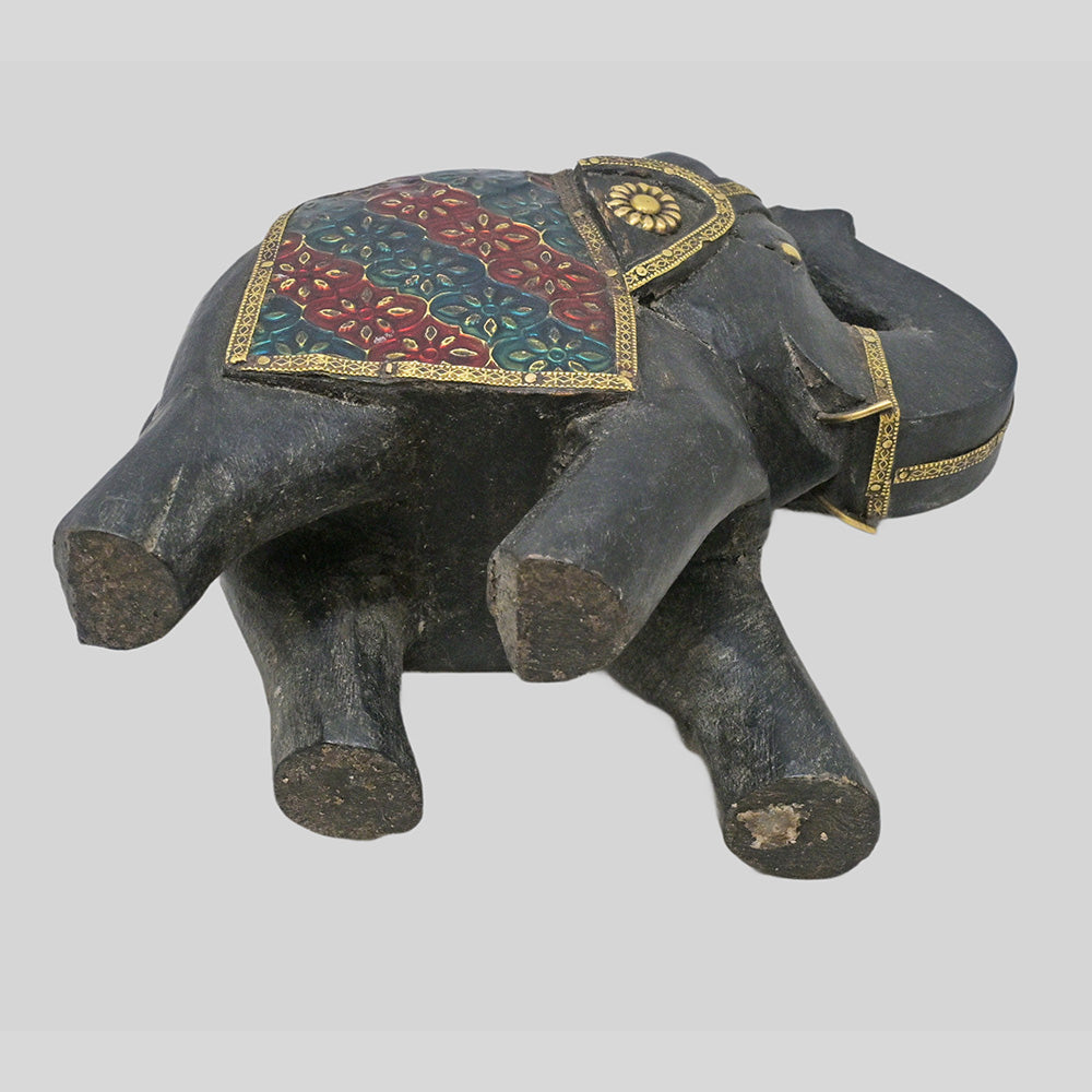 Handcrafted wooden elephant with floral hand painting and brass details - view 6