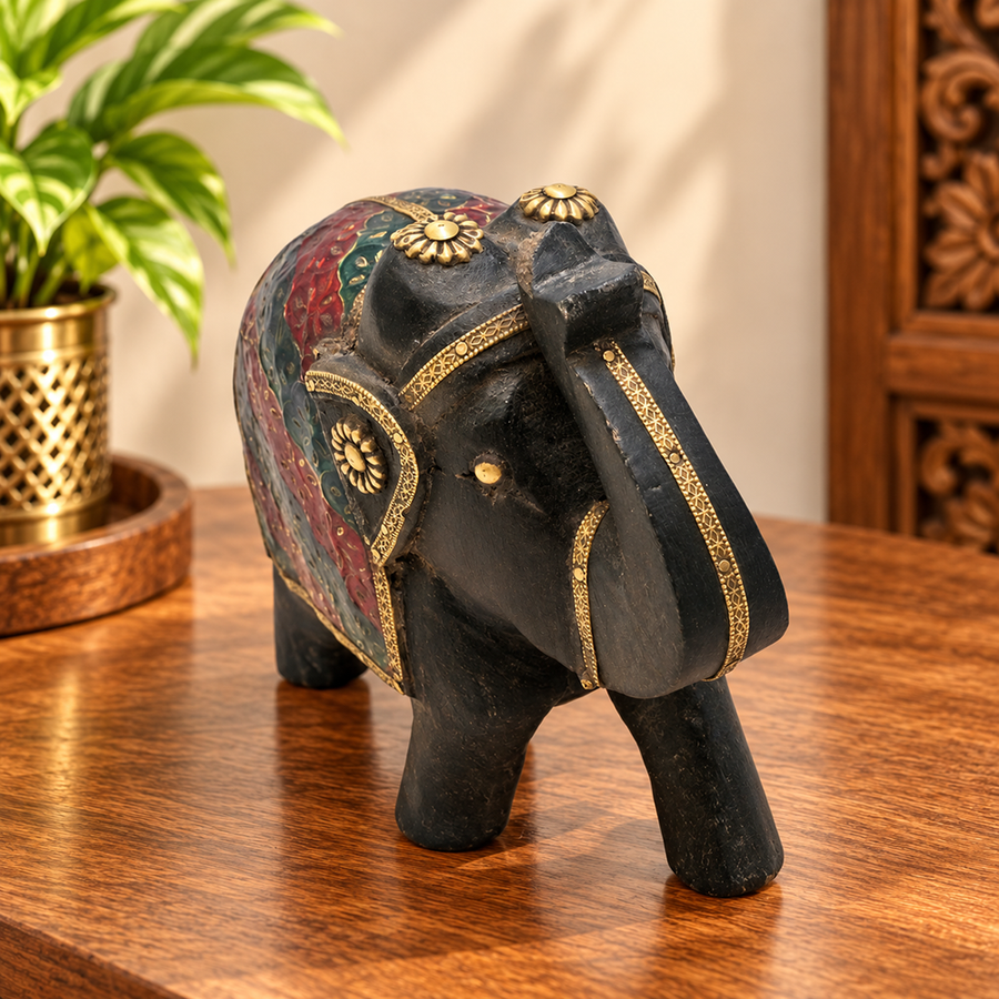 Multicolour floral hand-painted wooden elephant figurine