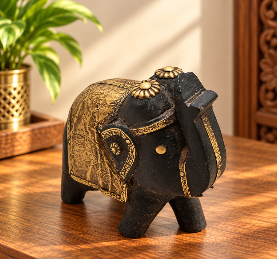 Hand-painted wooden elephant with brass and multicolour floral detailing