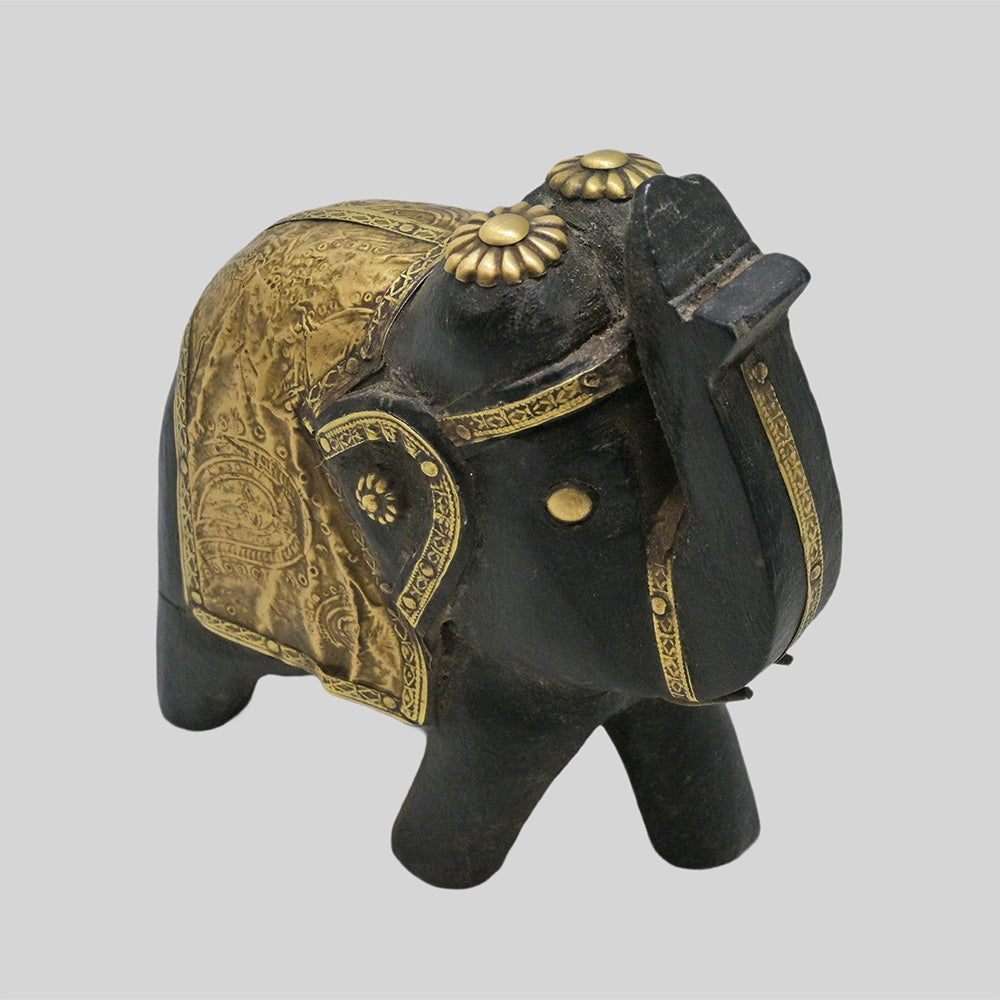 Hand-painted wooden elephant with brass and multicolour floral detailing - view 8