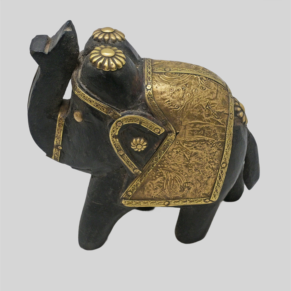 Hand-painted wooden elephant with brass and multicolour floral detailing - view 10