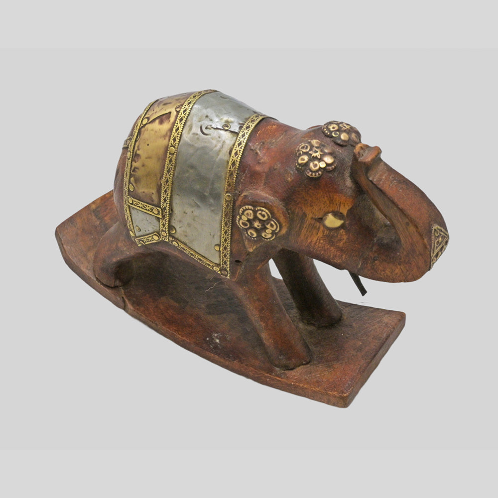 Wooden elephant figurine with brass and white metal detailing - view 2