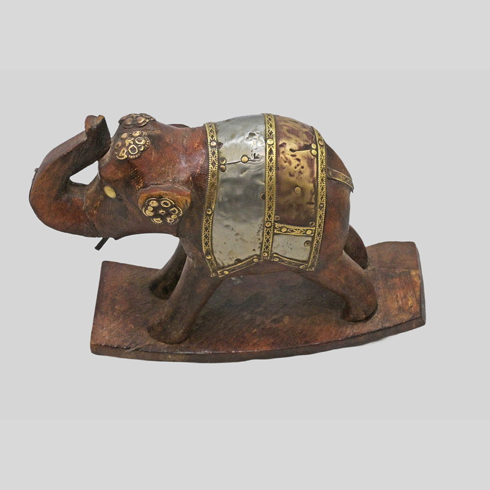 Wooden elephant figurine with brass and white metal detailing - view 4
