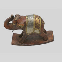 Wooden elephant figurine with brass and white metal detailing - view 4