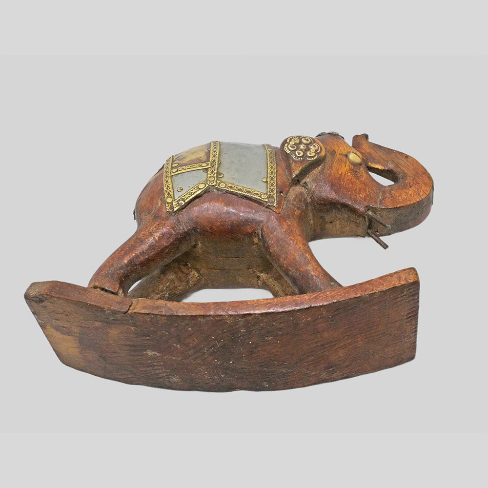 Wooden elephant figurine with brass and white metal detailing - view 6