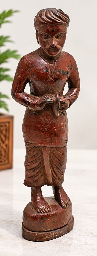 Antique teak wood Indian musician figurine, front view