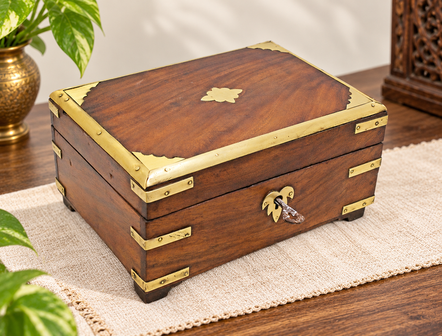 Vintage Handcrafted Wooden Storage Box with Brass Fittings – handcrafted vintage decor product image 1