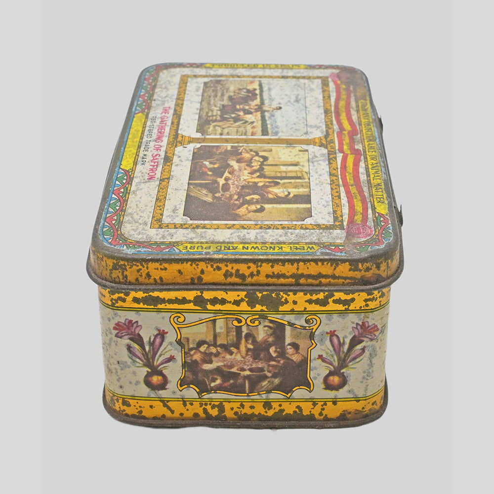 Vintage The Gathering of Saffron printed iron box, close-up detail