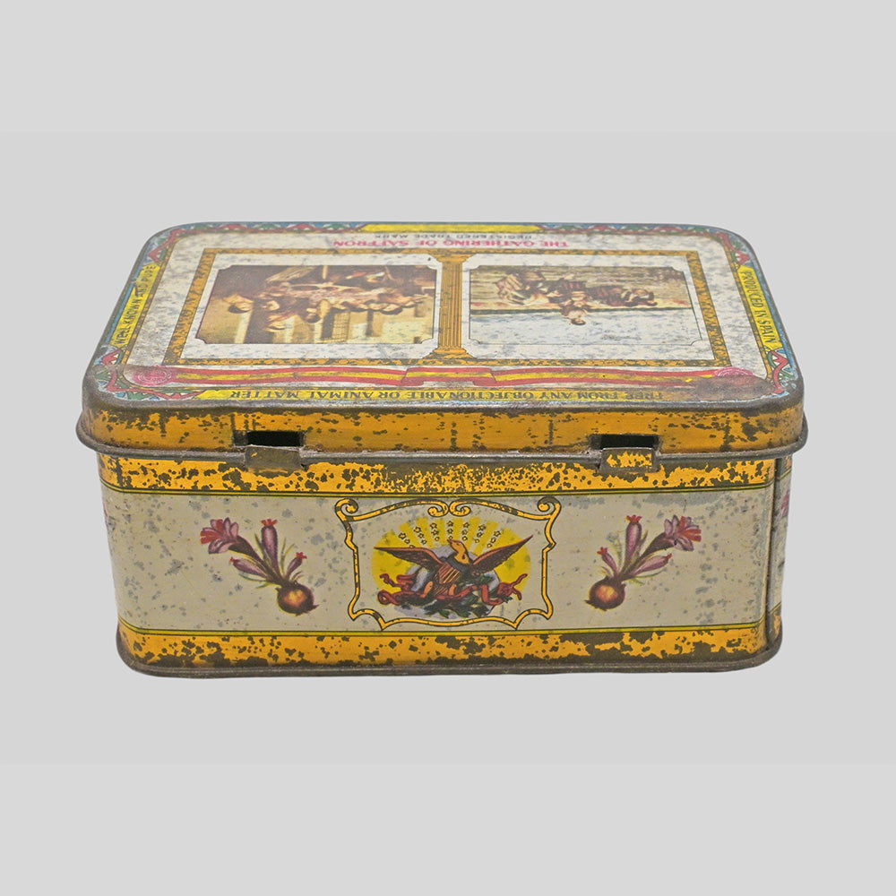 Vintage The Gathering of Saffron printed iron box, side view