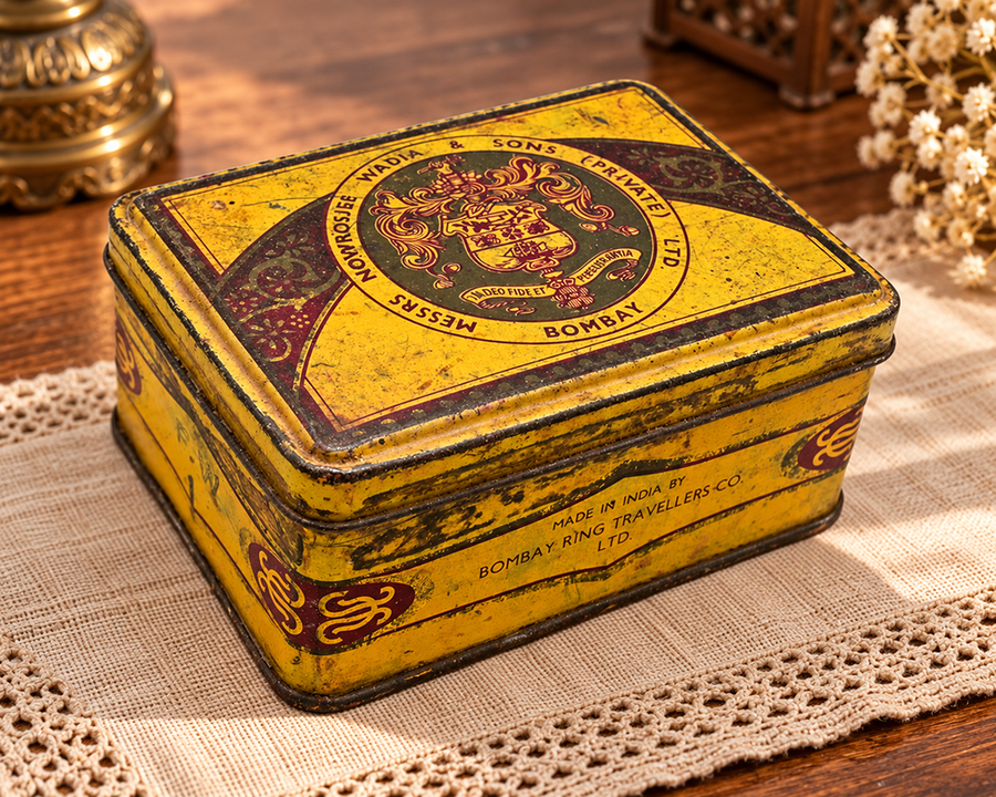 Vintage Bombay Ring Travellers Co. printed iron box, front view