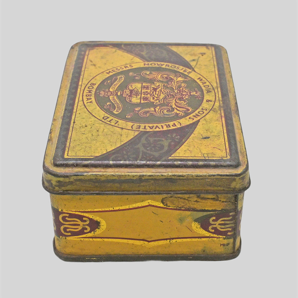 Vintage Bombay Ring Travellers Co. printed iron box, close-up detail
