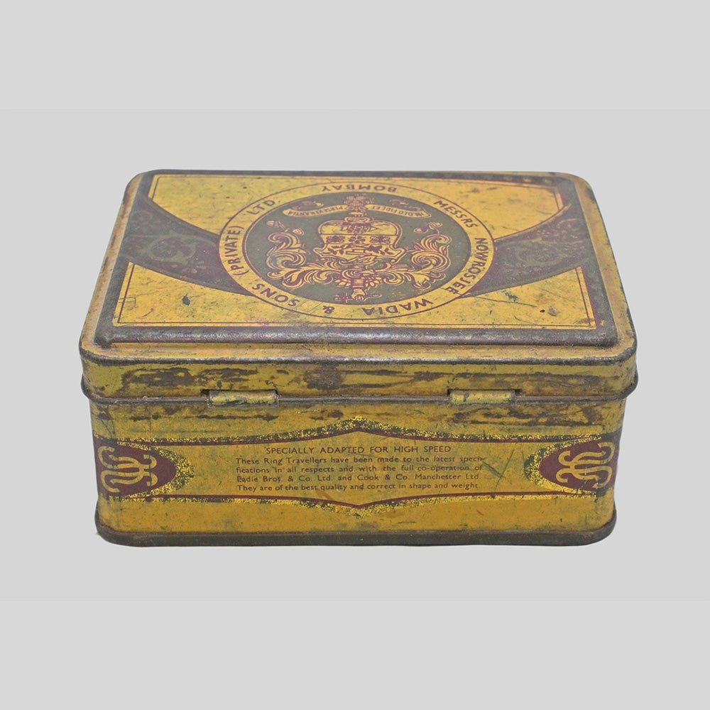 Vintage Bombay Ring Travellers Co. printed iron box, side view