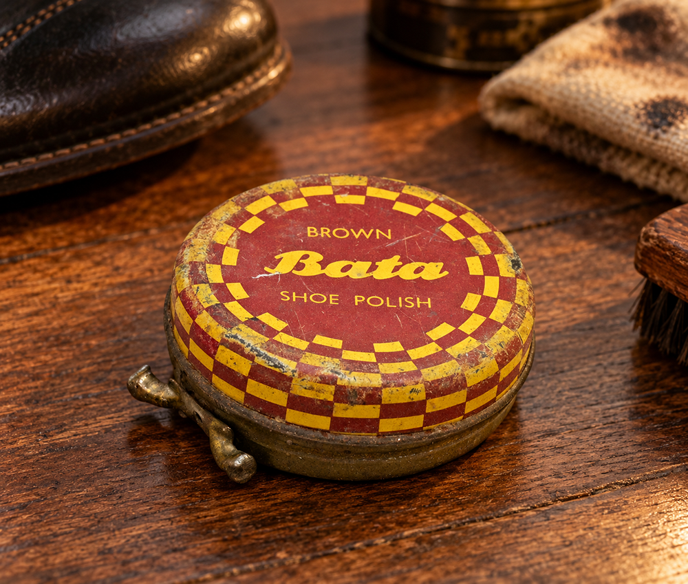 Vintage brown Bata shoe polish printed iron box, front view