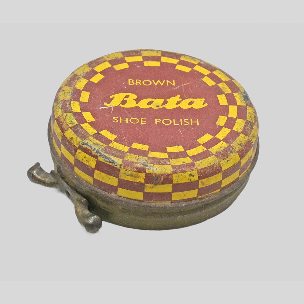Vintage brown Bata shoe polish printed iron box, another angle