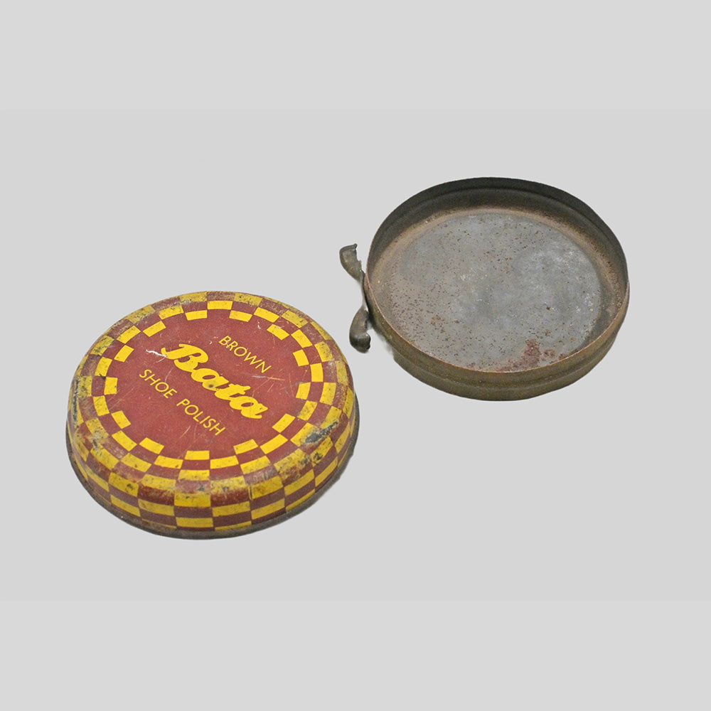 Vintage brown Bata shoe polish printed iron box, alternate view