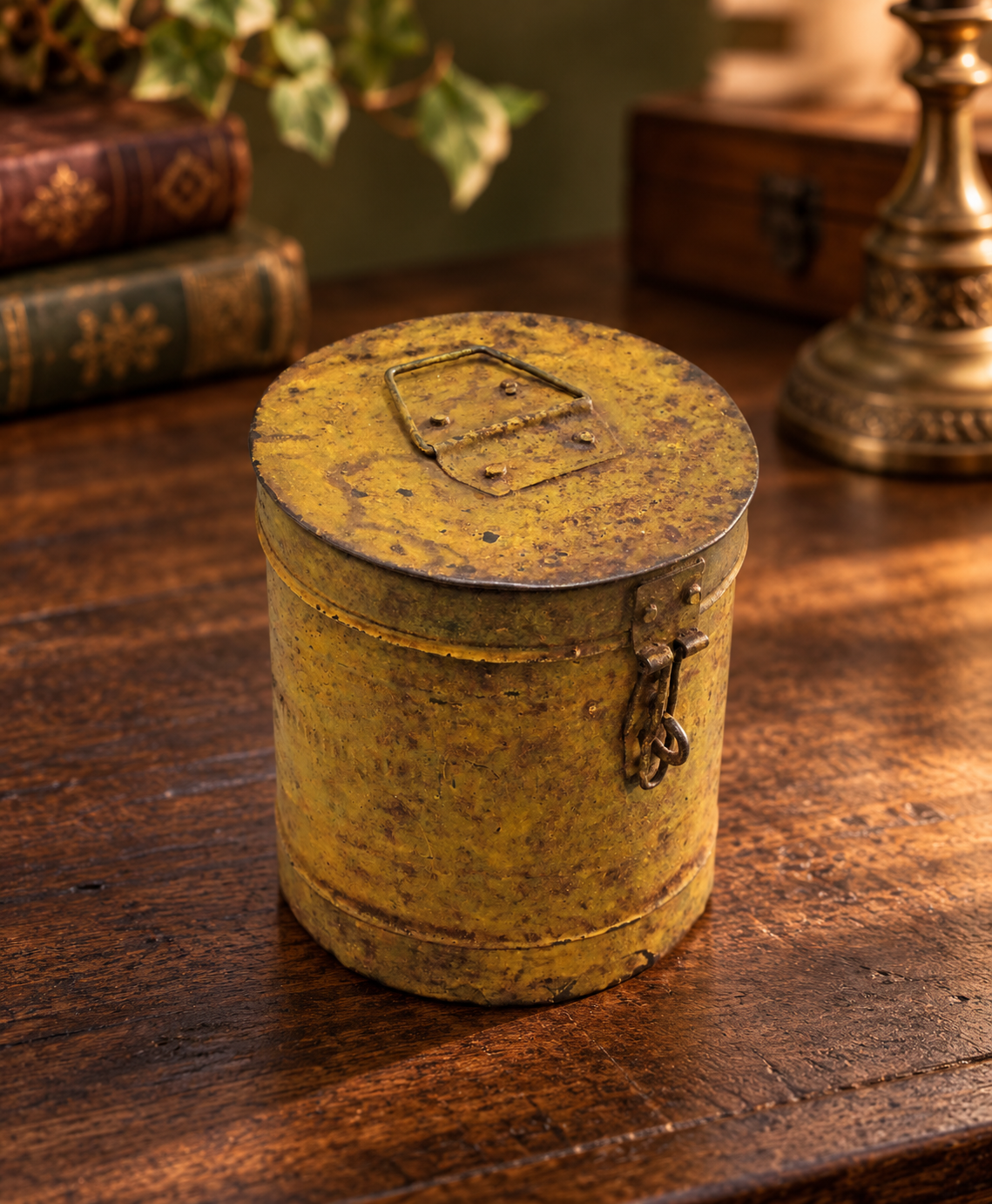 Vintage Iron Storage Canister with Lid and Latch with fitted lid and side latch, front view
