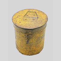 Vintage handcrafted iron storage canister with lid and latch, another angle