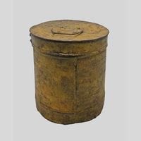 Vintage handcrafted iron storage canister with lid and latch, side view