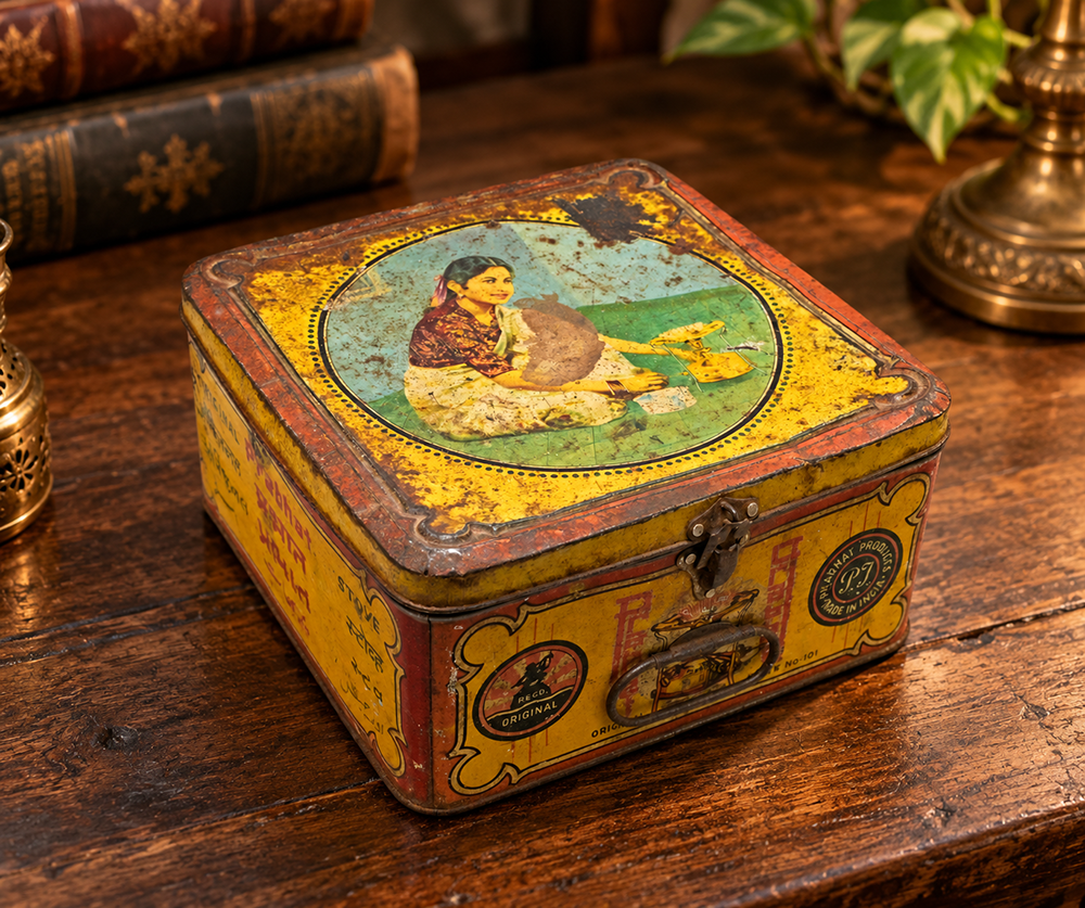 Vintage original Pabhat Stove printed tin box, front view