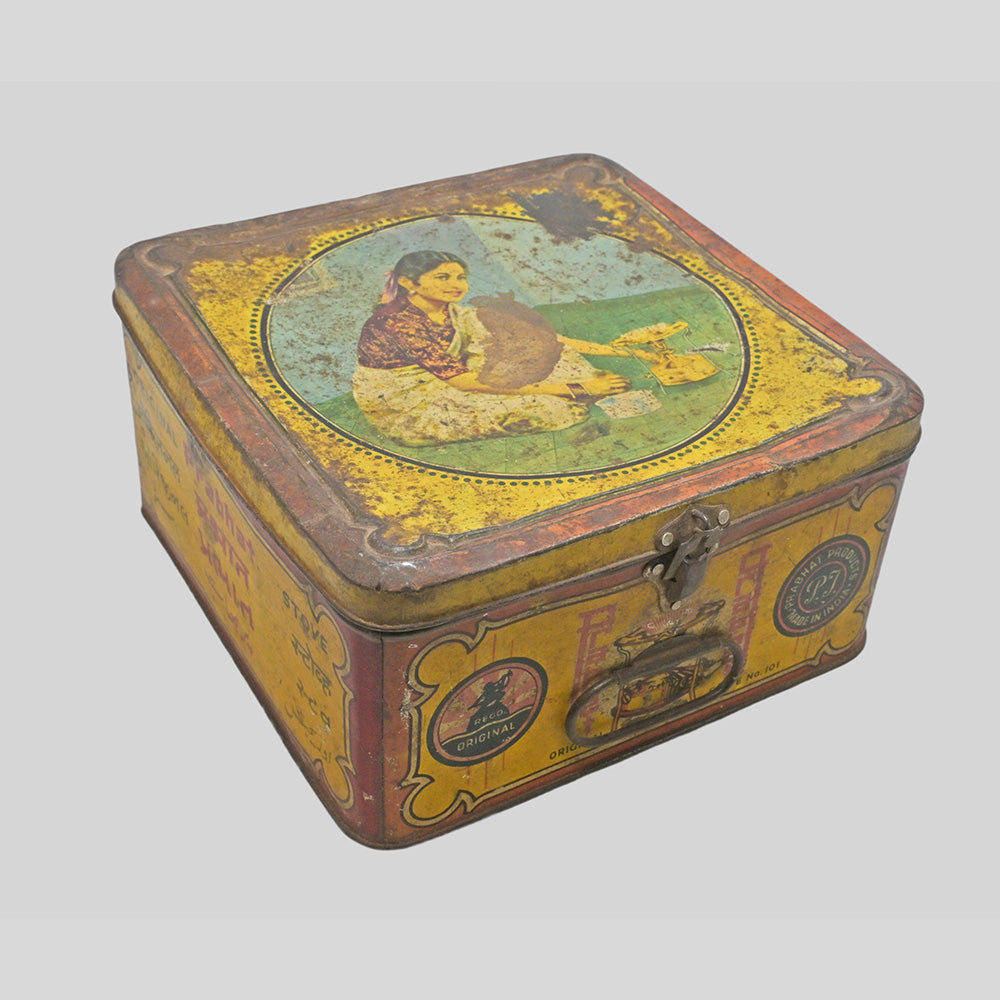 Vintage original Pabhat Stove printed tin box, angled view