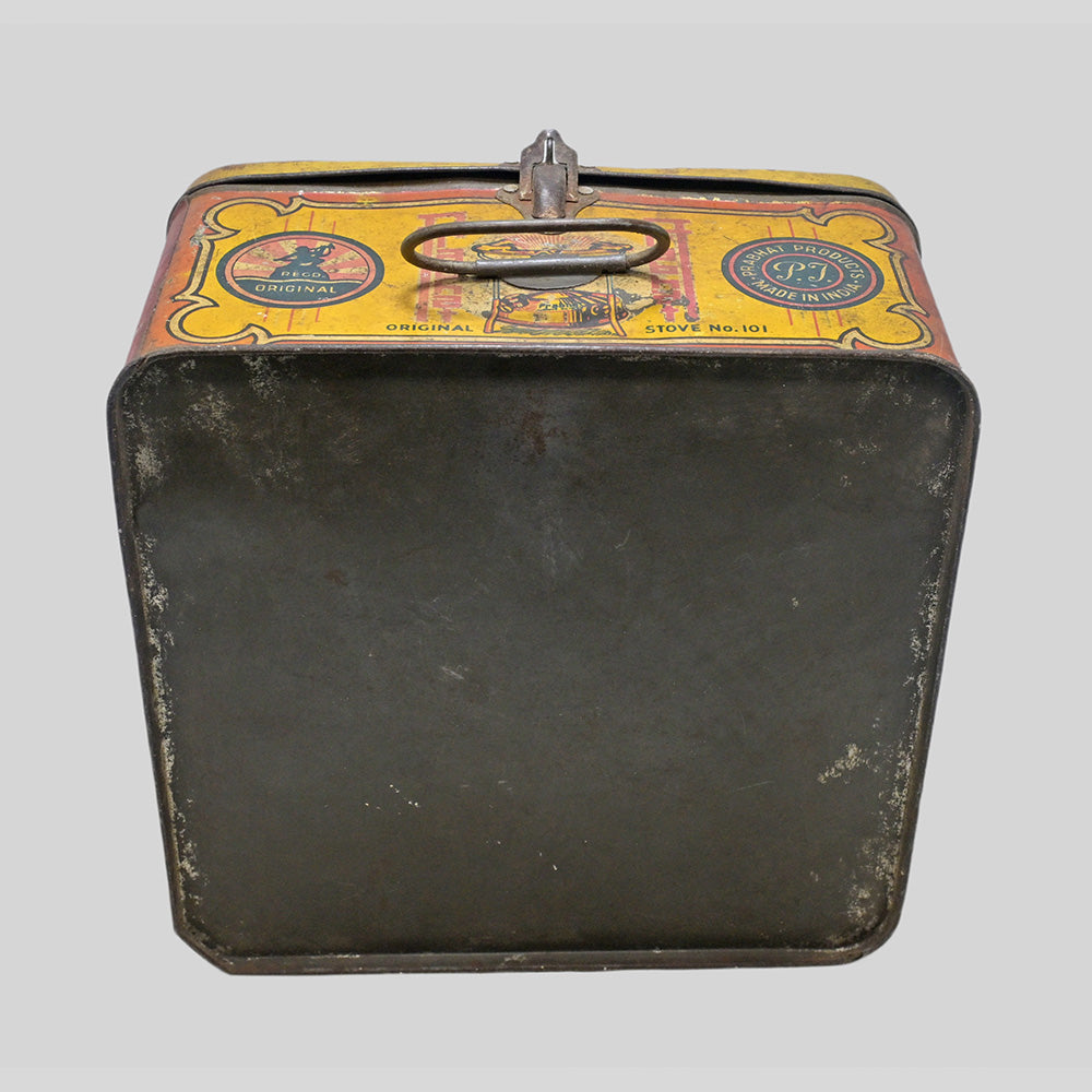 Vintage original Pabhat Stove printed tin box, additional view
